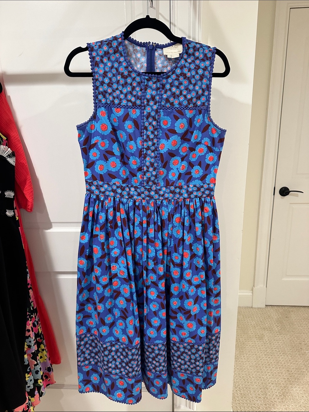 kate spade Blue Floral Sleeveless Cotton Dress with Red Accents